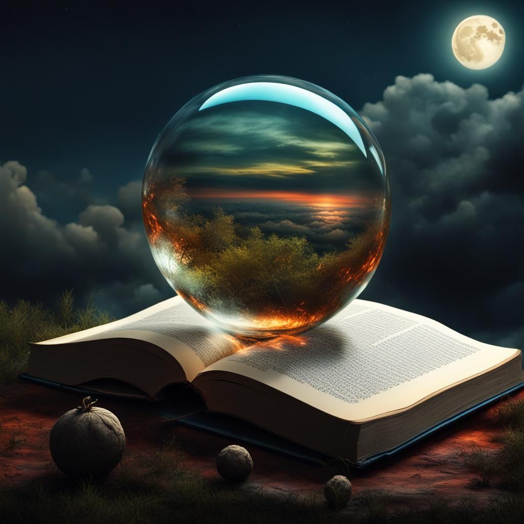 Glowing Orb on Book with Fireflies, Surreal Art