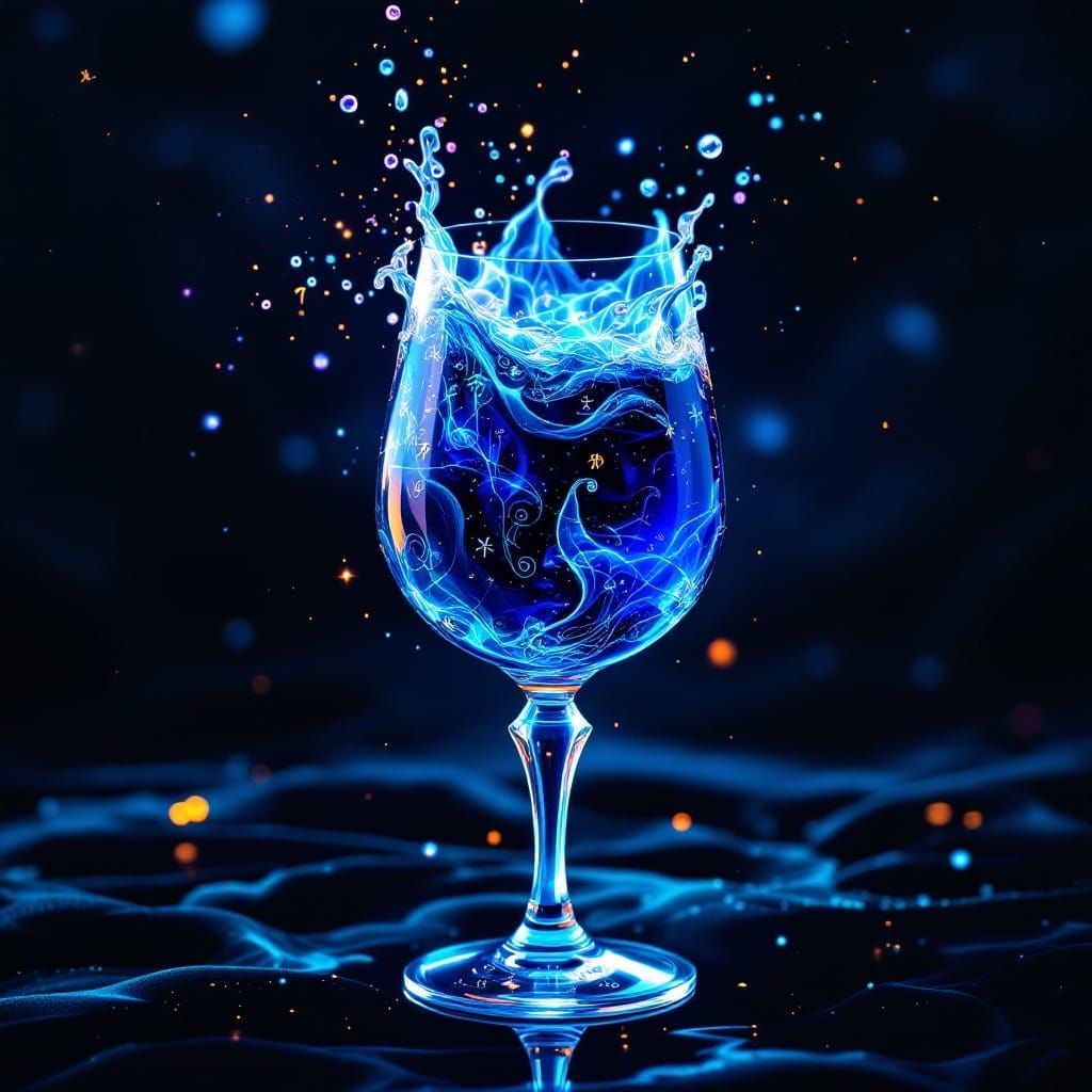 Surreal Blue Wine in Glass with Ethereal Glow, Swirling Patt...