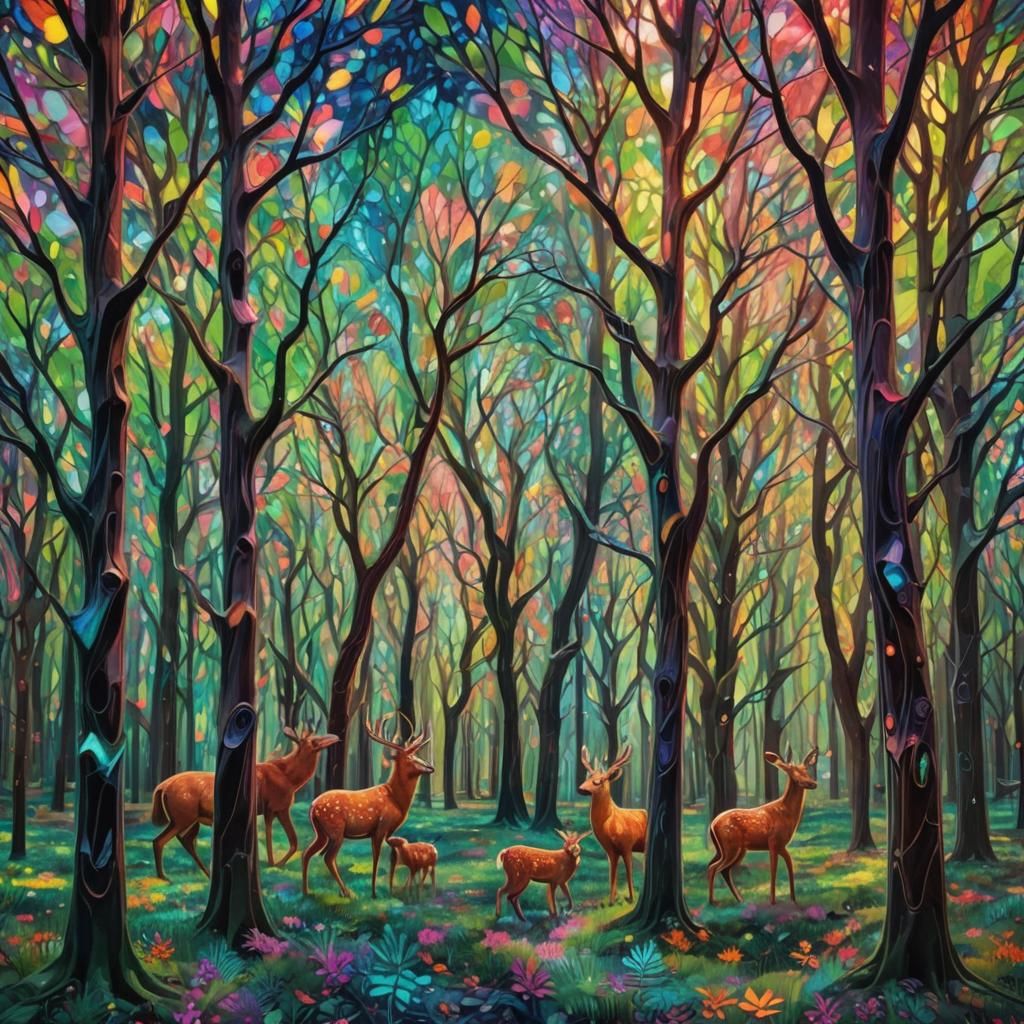 Kaleidoscope Forest with Translucent Animals
