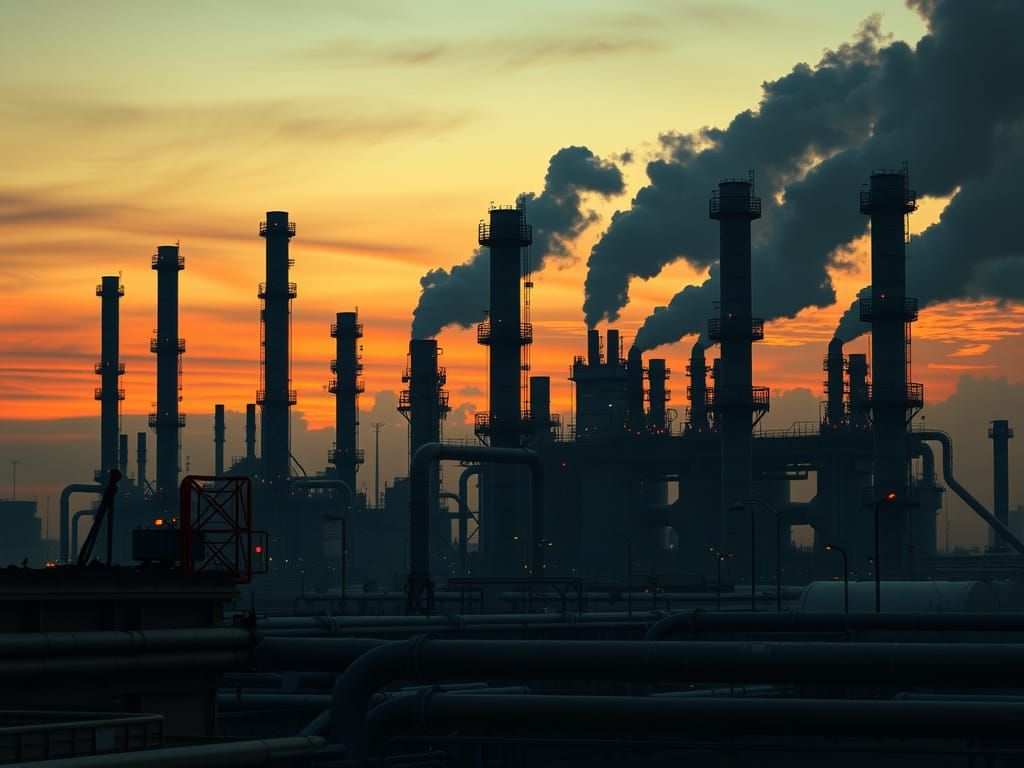 Dystopian Chemical Plant at Dusk in Cyberpunk Style