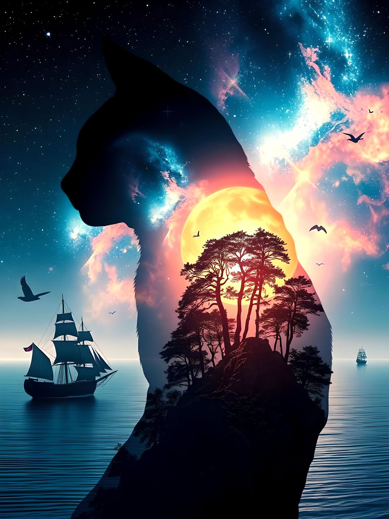 Surreal Cat Nebula in Art Nouveau Style