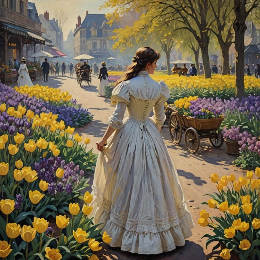 Victorian Woman in Flower Market: Impressionist Gouache