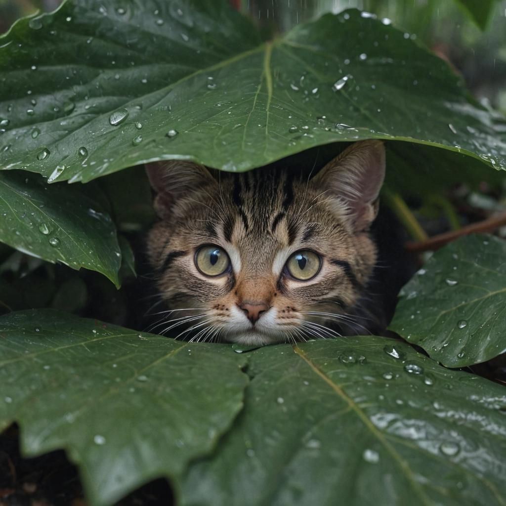 Cute Kitten Hiding from Rain: CGI Rendering