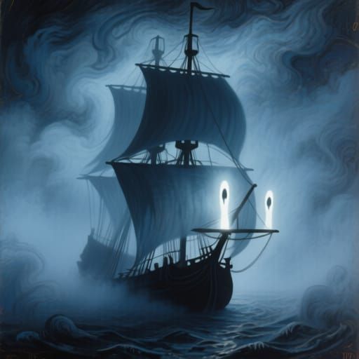 Spectral Ship in Fog: Ensor & Rublev Inspired Movie Poster