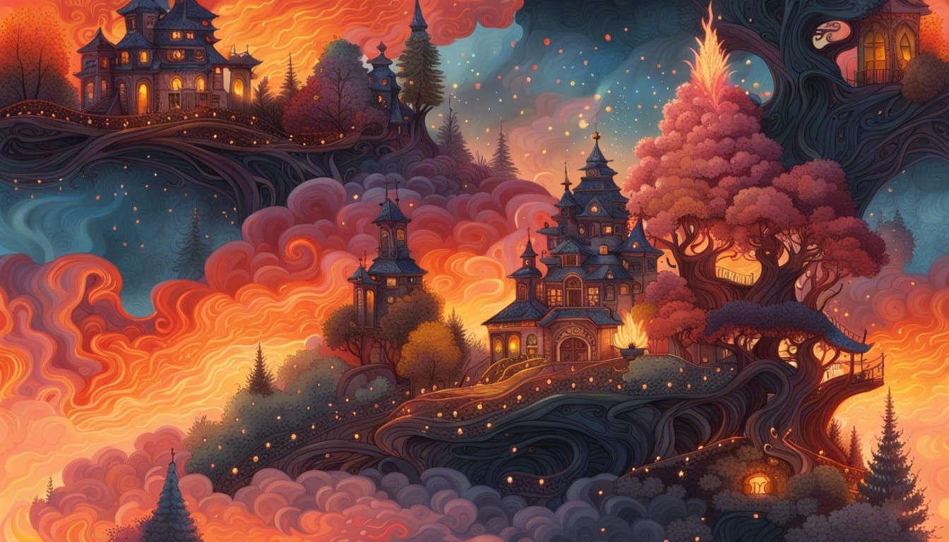 Flaming Fairytale Forest in Anime Style