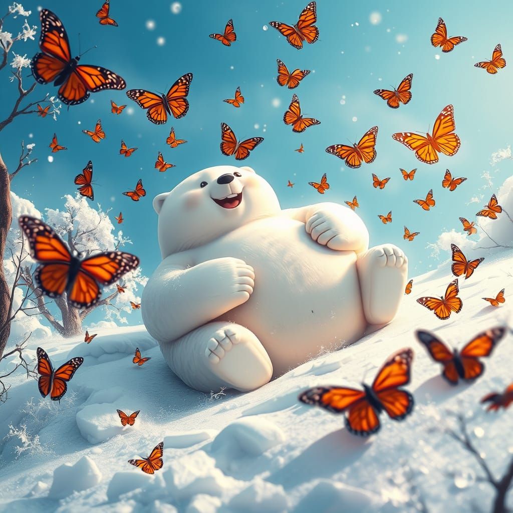 Chubby Polar Bear in Vibrant Winter Wonderland
