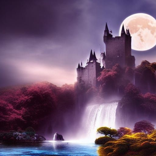 Castle Silhouette, Blue Moon, and Waterfall Digital Painting