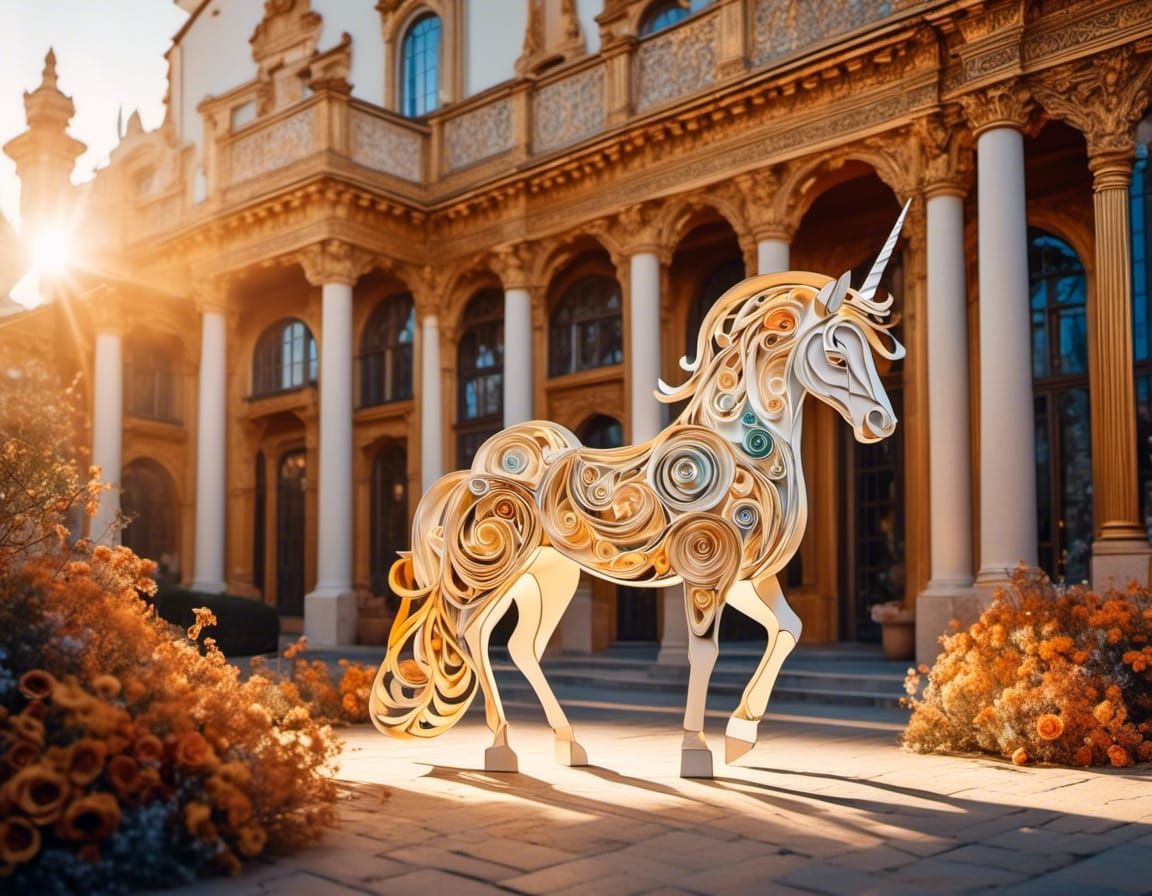 Unicorn in Quilled Courtyard: Digital Illustration