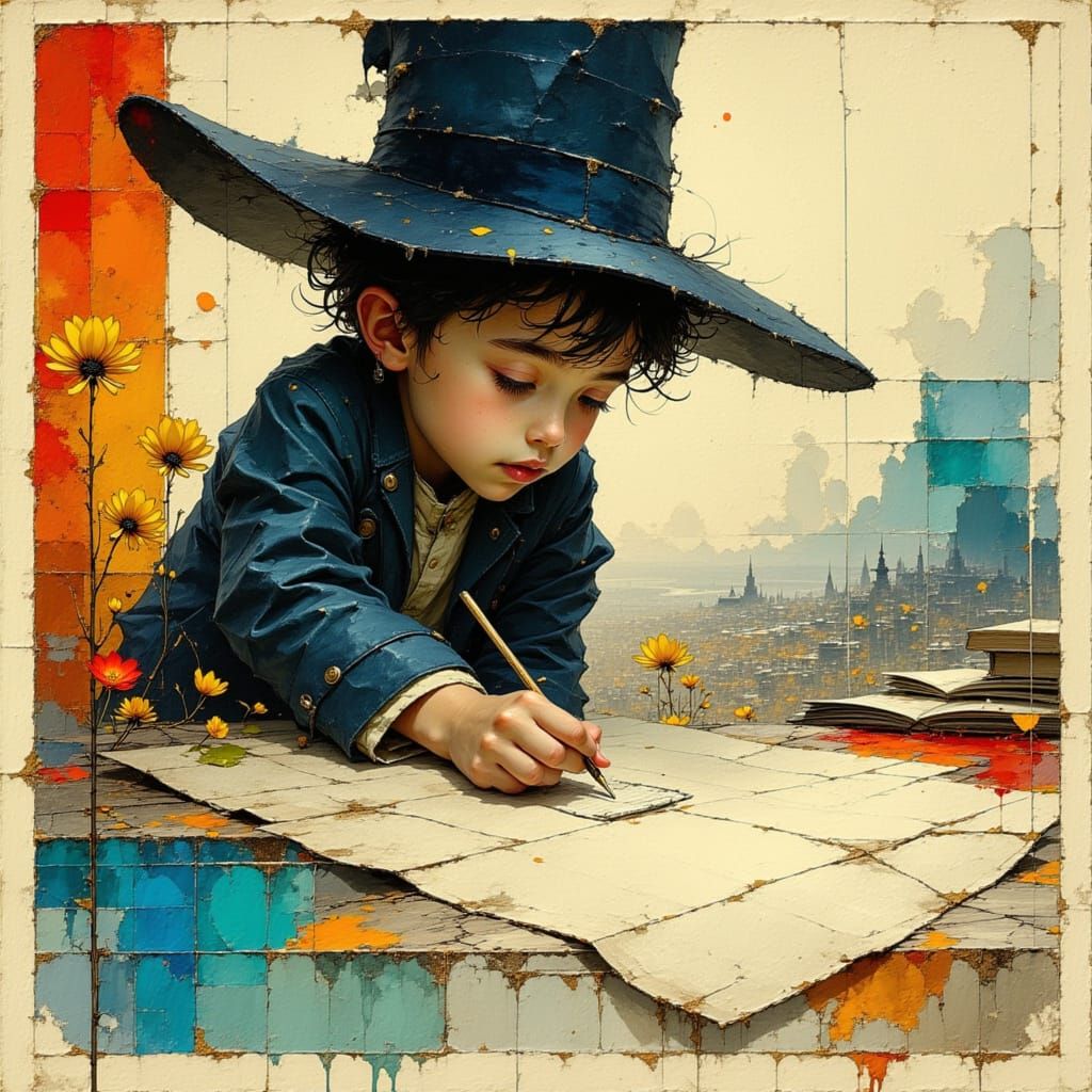 Young Hasidic Boy Engaged in Drawing