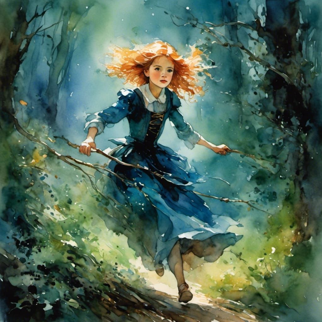 Young Witch Races Through Dark Forest
