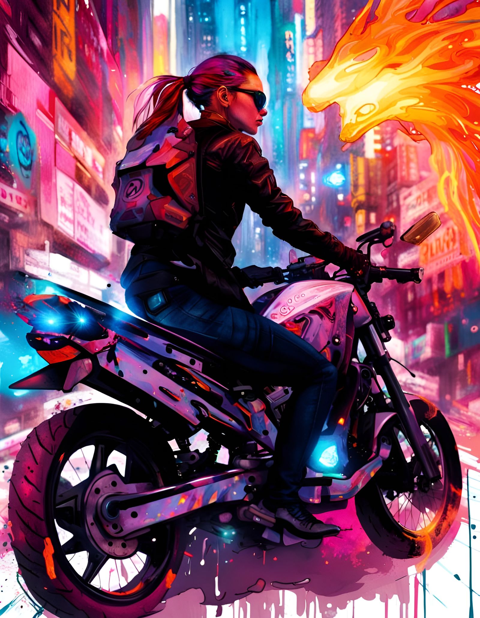 Cyberpunk Biker in Burning Neo-Tokyo