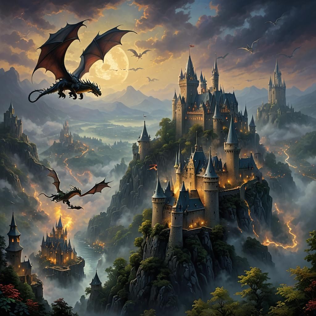 Dragons in Dark Sky Over Medieval Castle