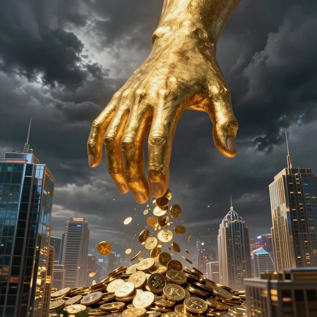 Gilded Hand of Power Controls Golden Coins Over Cityscape