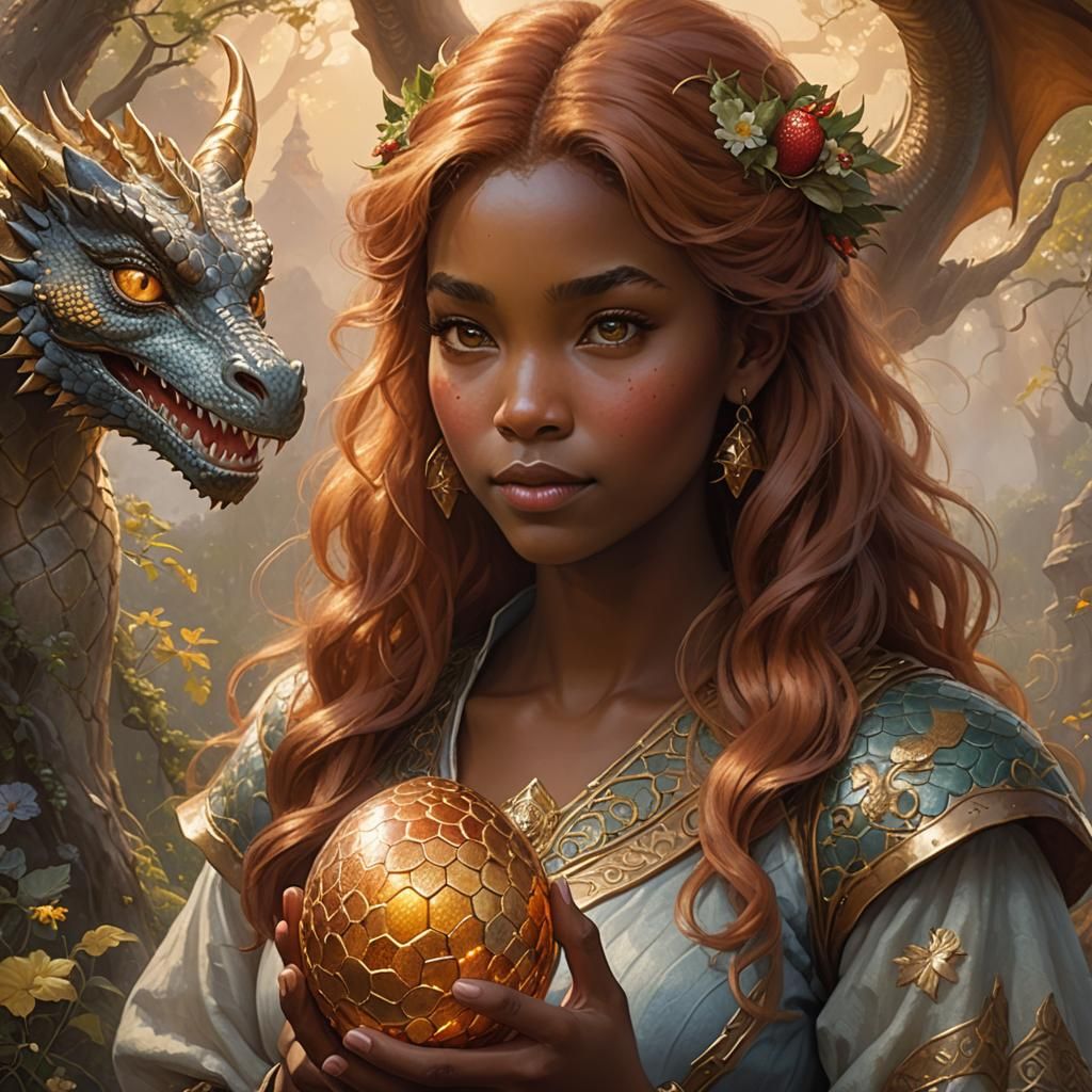 Woman with Dragon Egg in Ethereal Fantasy Style