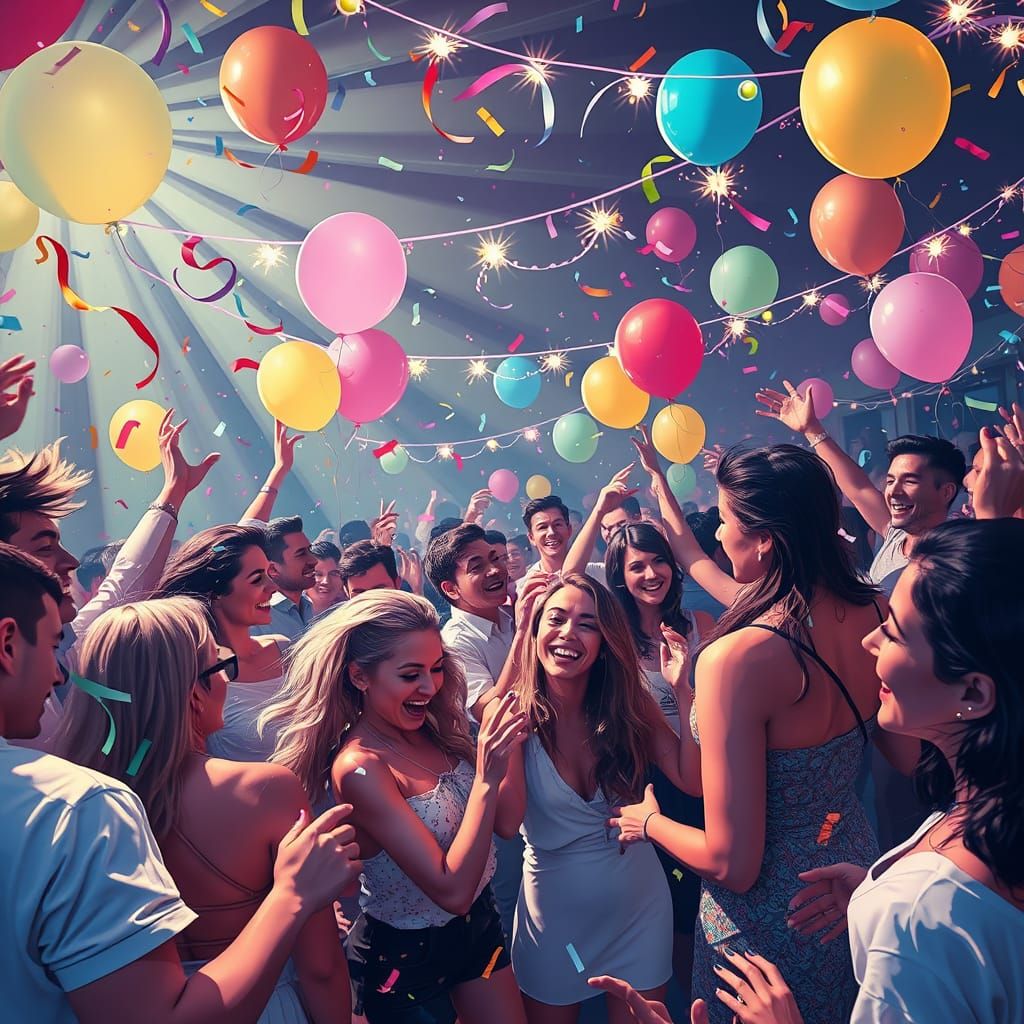 Lively Neon Party Scene with Confetti and Dancing
