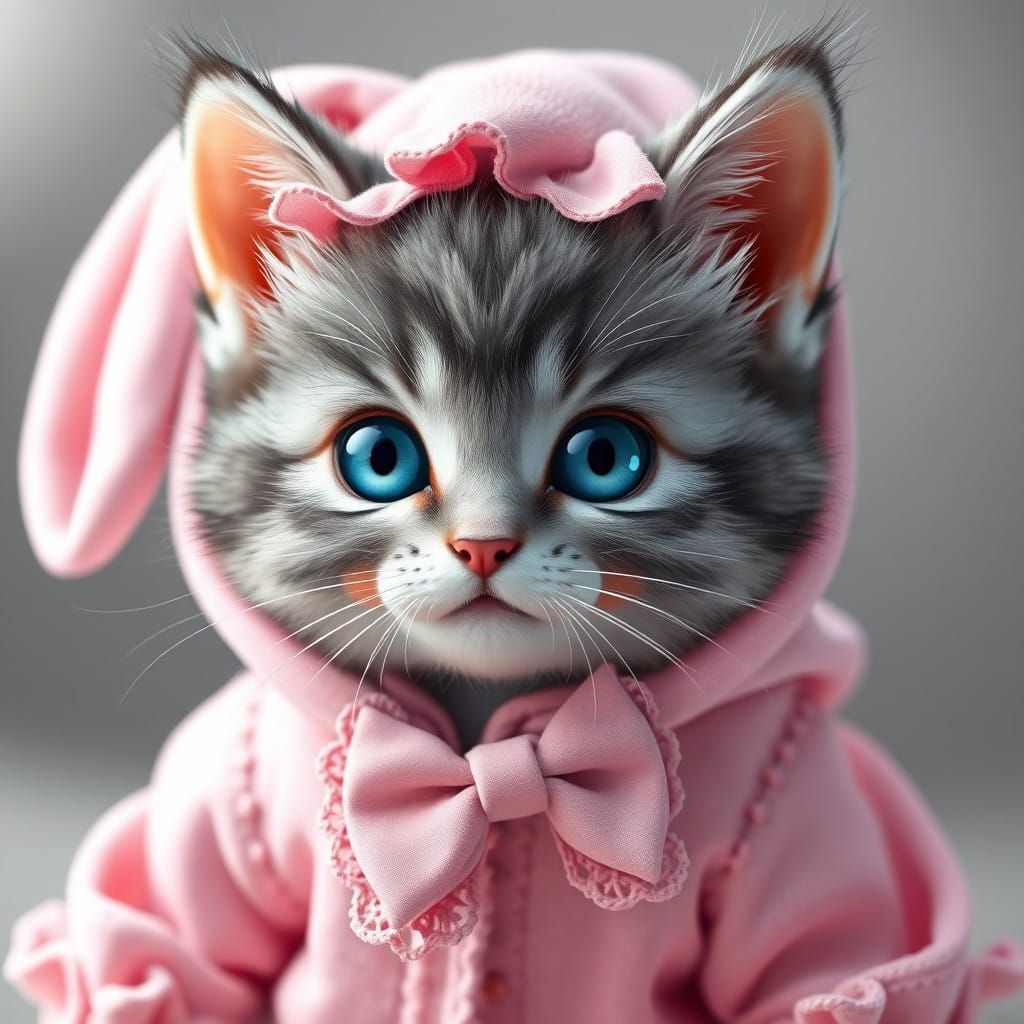 Whimsical Kitten in Bunny Onesie, Anime Style