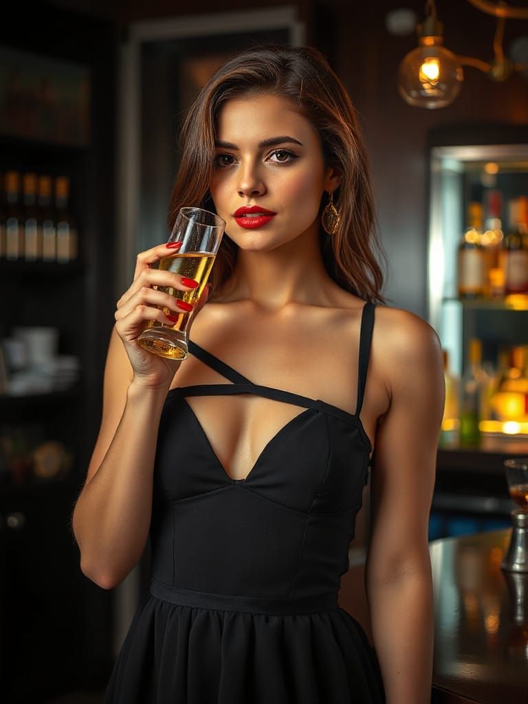 Woman in Red Lipstick Drinks Champagne: Studio Portrait