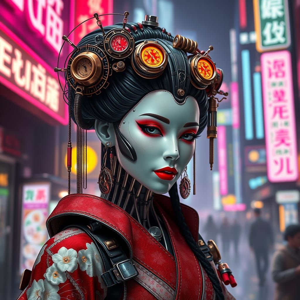 Steampunk Geisha Goddess of Neon Cyberpunk Metropolis