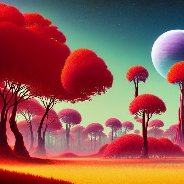 Psychedelic Alien World with Red Trees