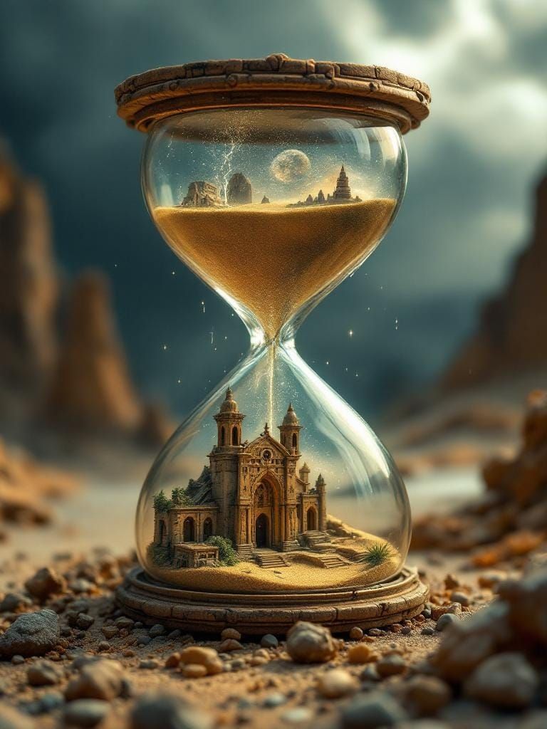 Alien World Miniature in Hourglass Amidst Thunderstorm