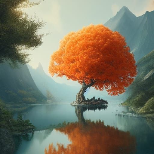 Epic Orange Tree on Mountain Lake: Digital Illustration