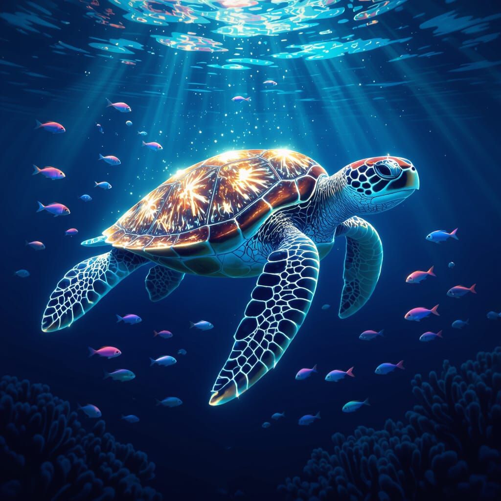 Bioluminescent Sea Turtle in Deep Blue Pacific Ocean