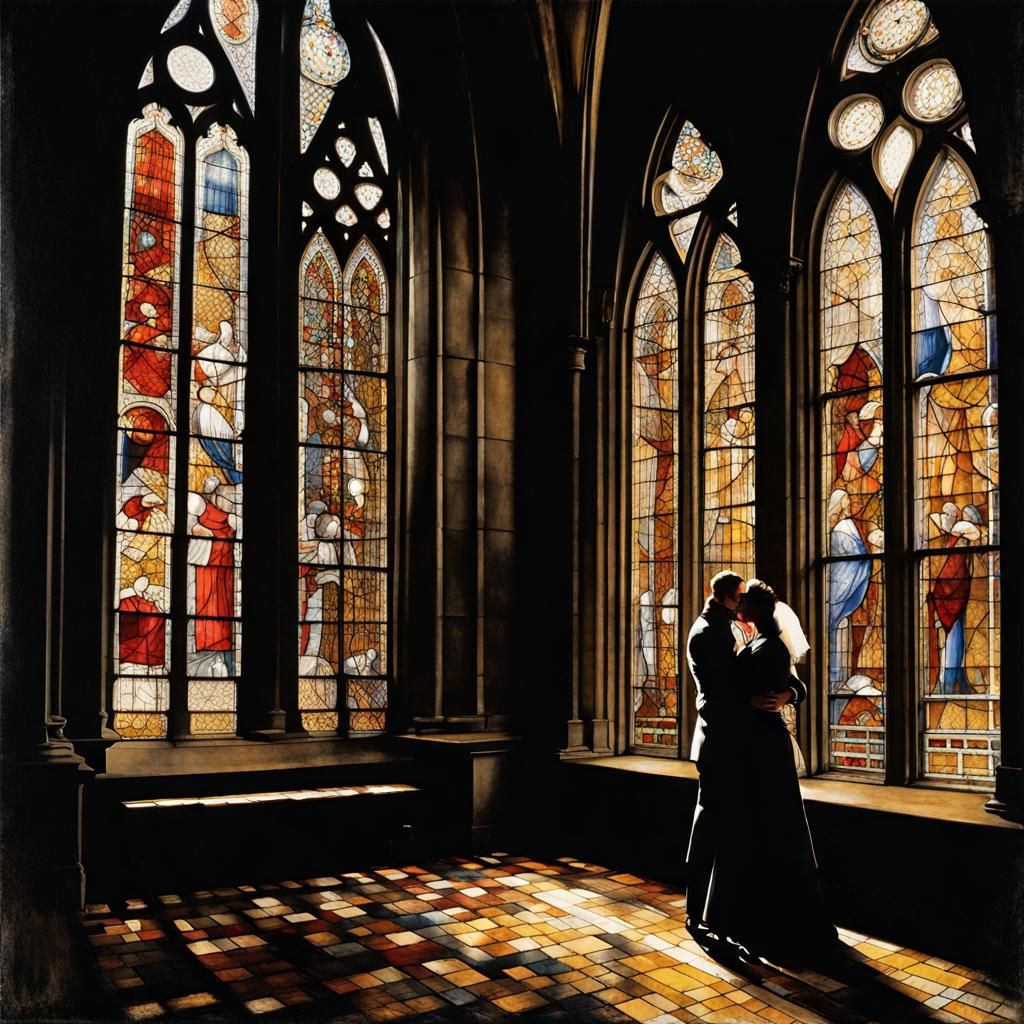 Lovers Embrace in Gothic Church, Baroque Style