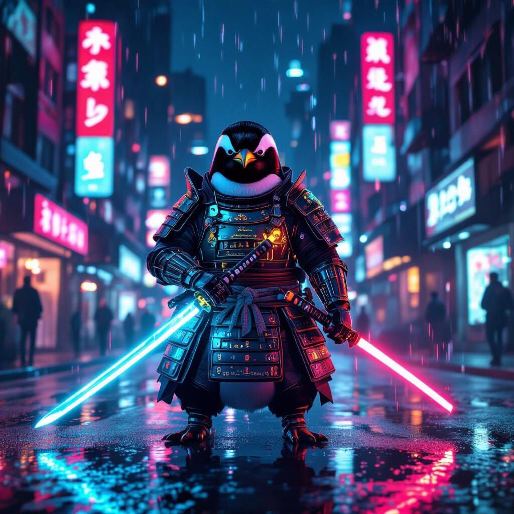 Cyberpunk Penguin Samurai with Neon Katana