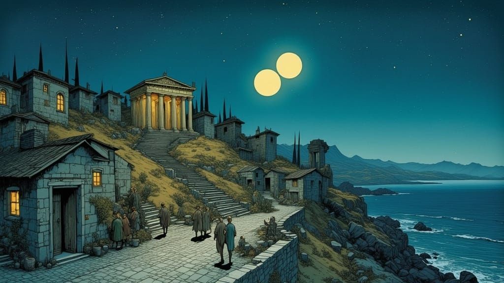 Greek Temple Under Twin Moons in Moebius Style
