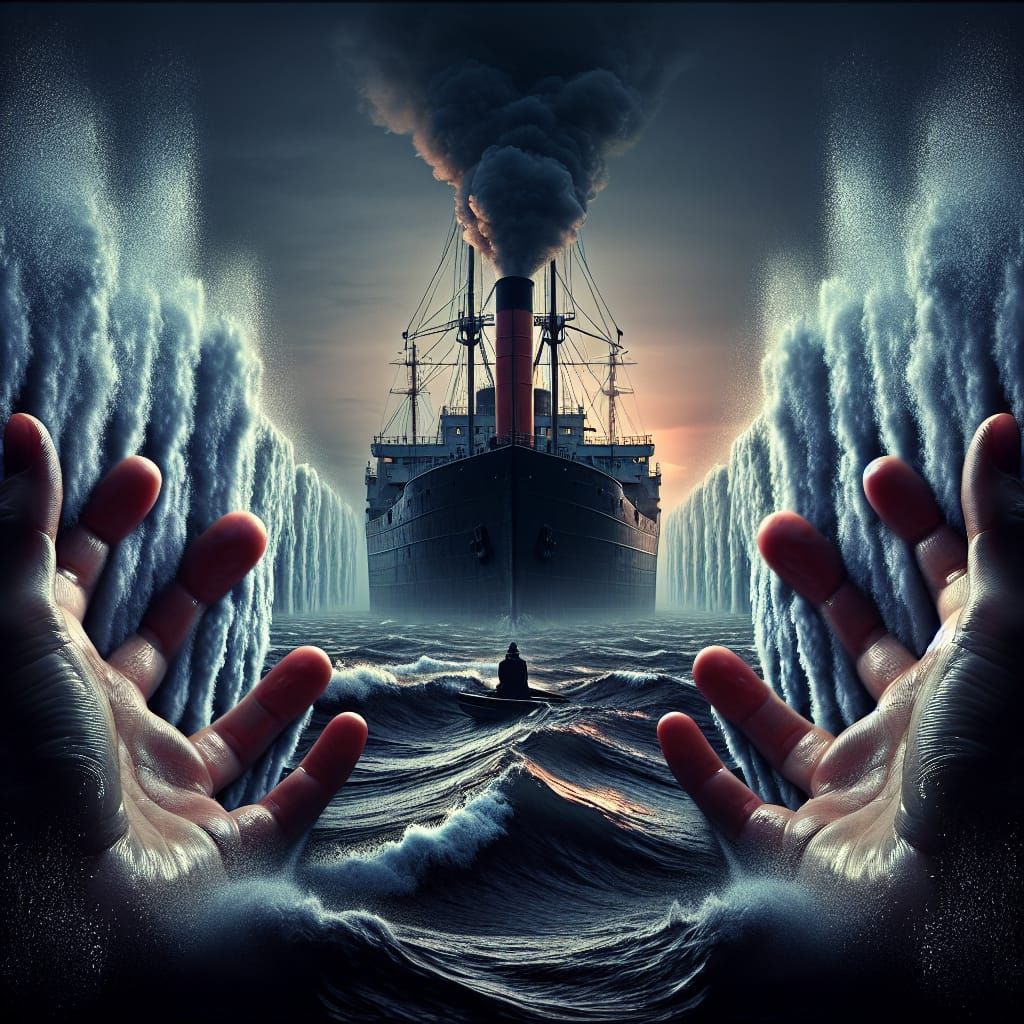 Surreal Ship on Horizon with Swollen Hands