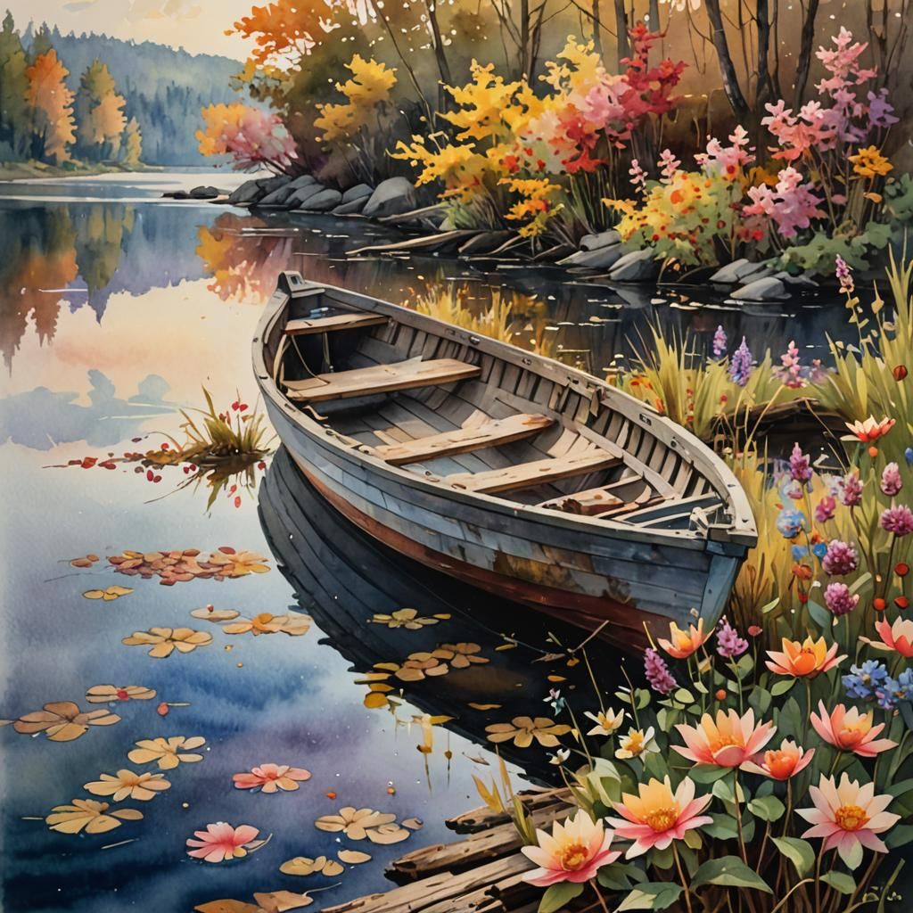 Waterhouse-Inspired Boat with Autumn Flowers Watercolor