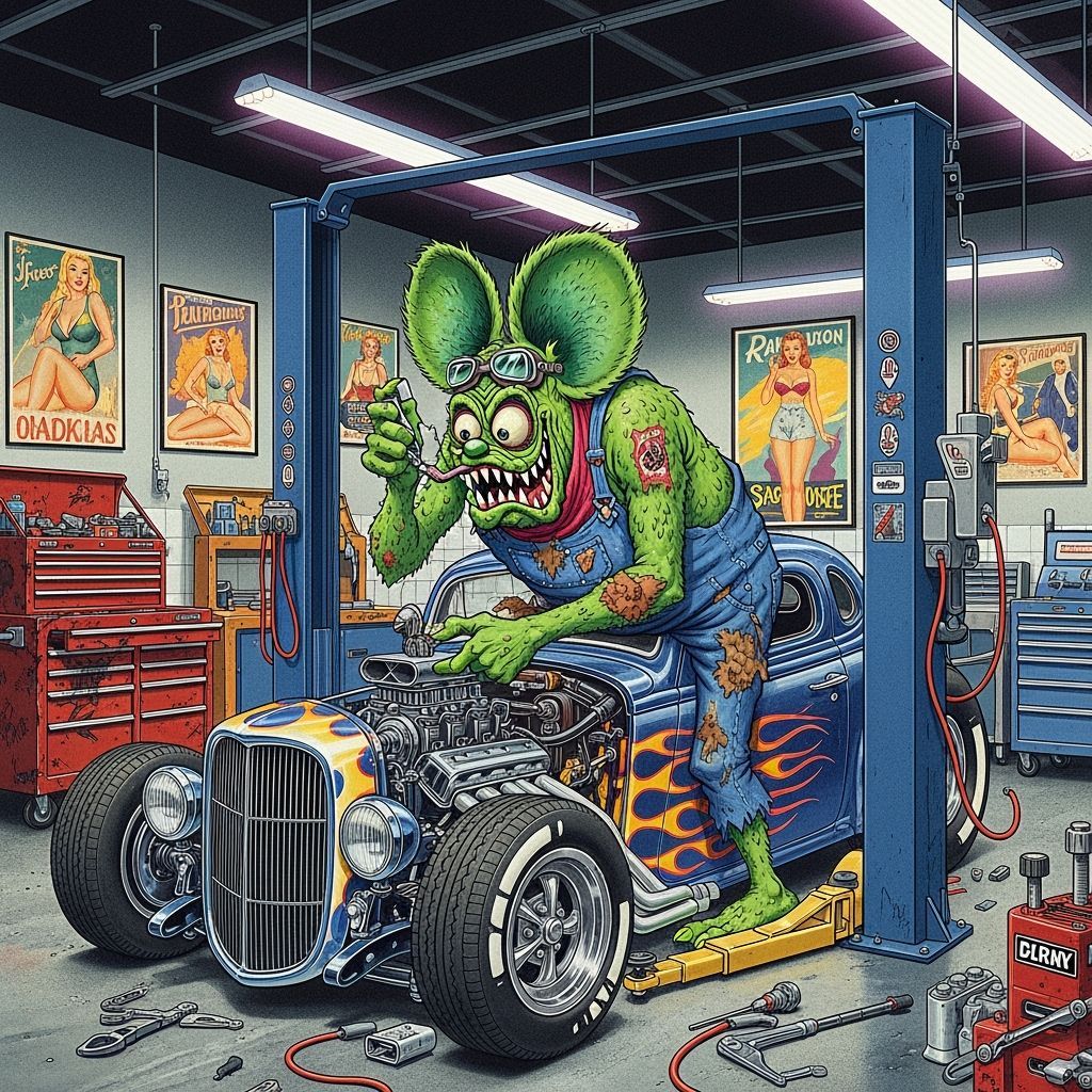Rat Fink Monster Mechanic in Neon Garage