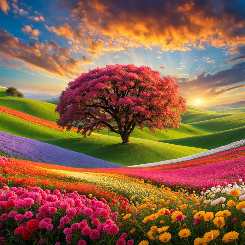 Blooming World Tree in Flower Field