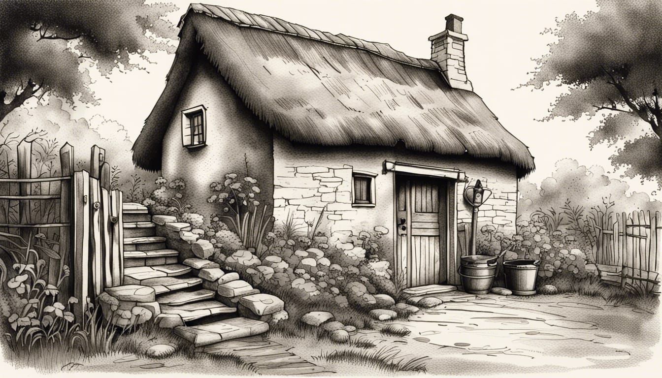 Irish Cottage Ink Drawing with Water Well