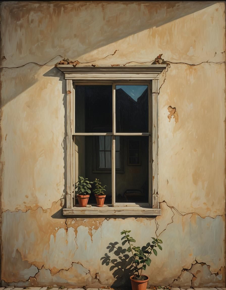 Surrealist House Scene with Potted Plant and Window