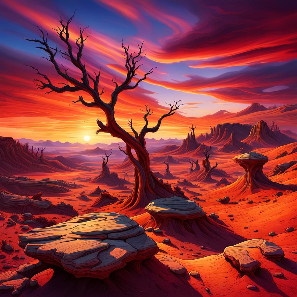 Surreal Sunset Landscape in a Dali-esque Style