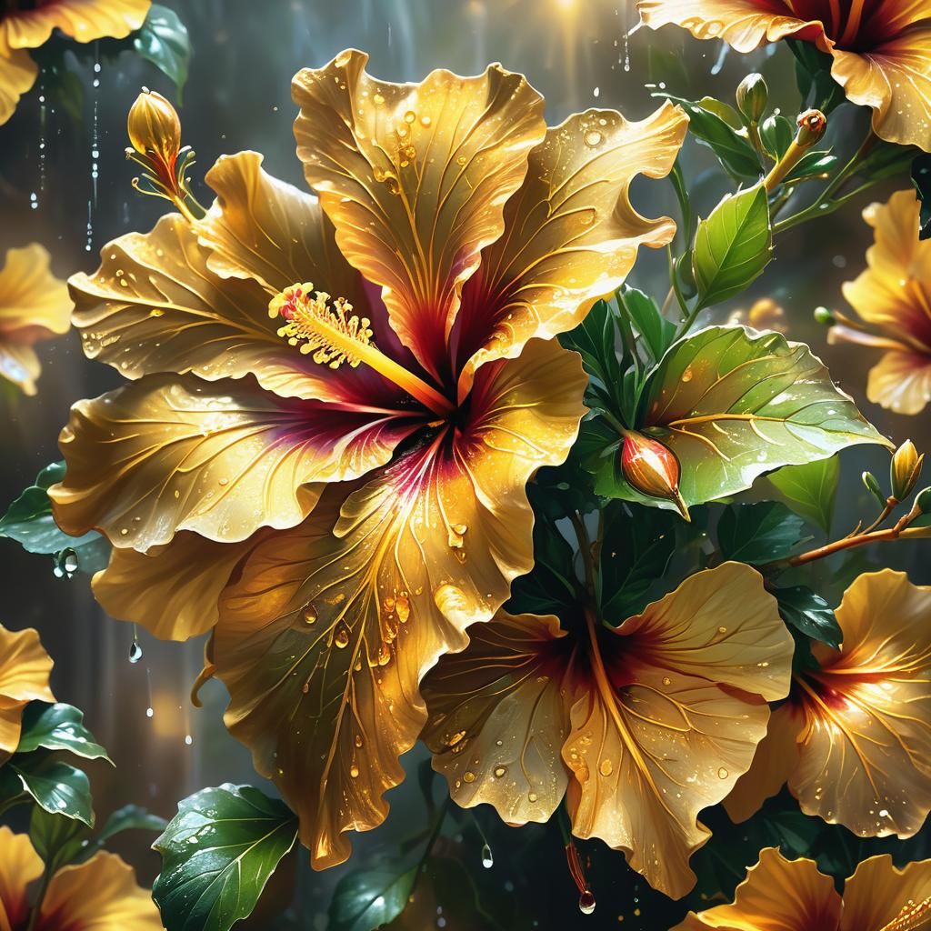 Golden Hibiscus Flower Portrait in Detailed Matte Painting