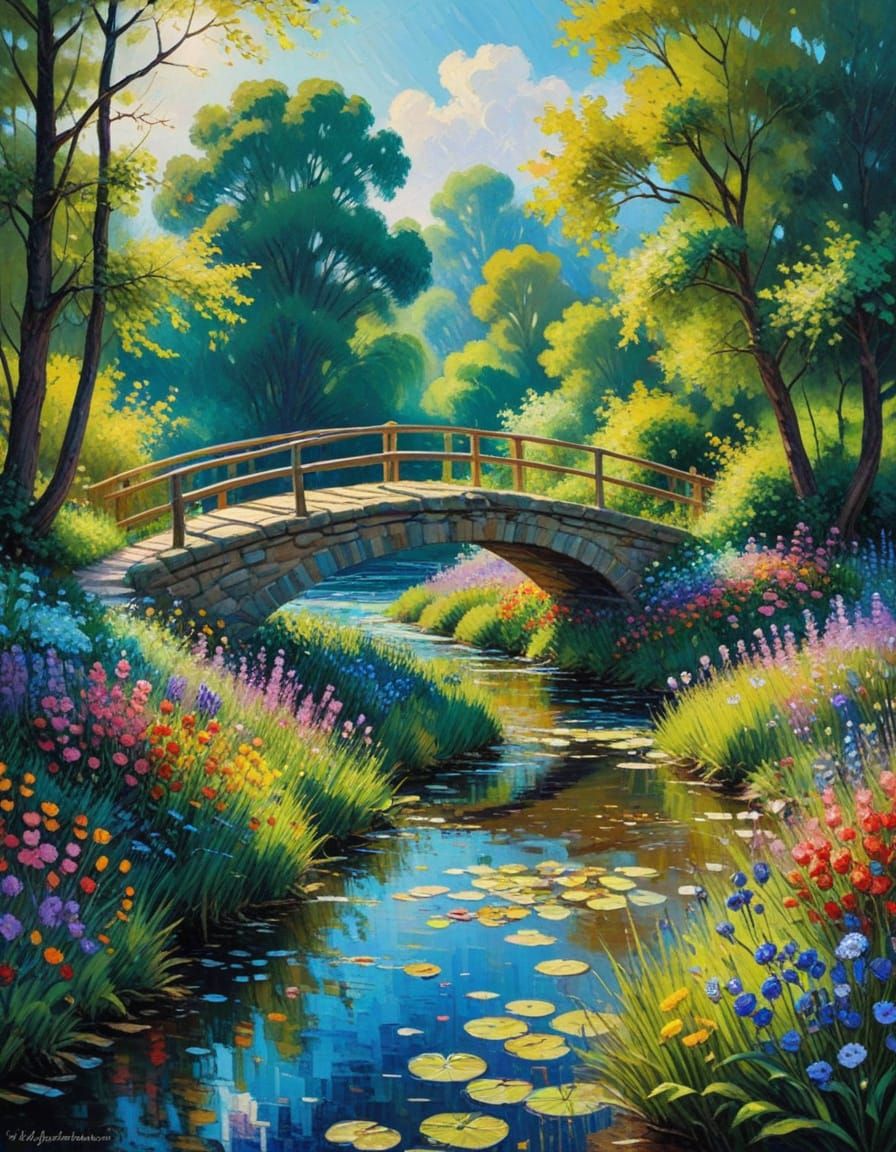 Vibrant Spring Bridge Landscape in Expressionist Oil Paintin...
