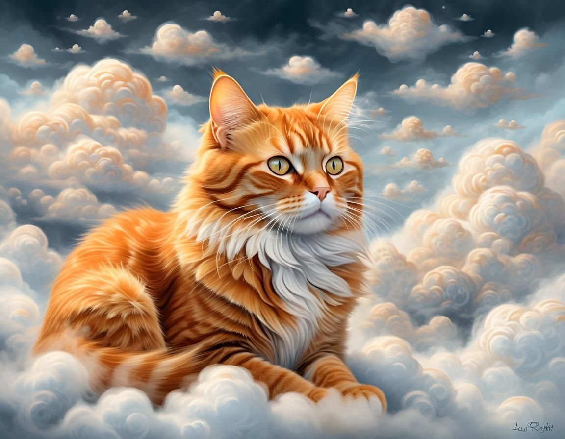 Medium shot adorable orange tabby cat sitting in the clouds,...