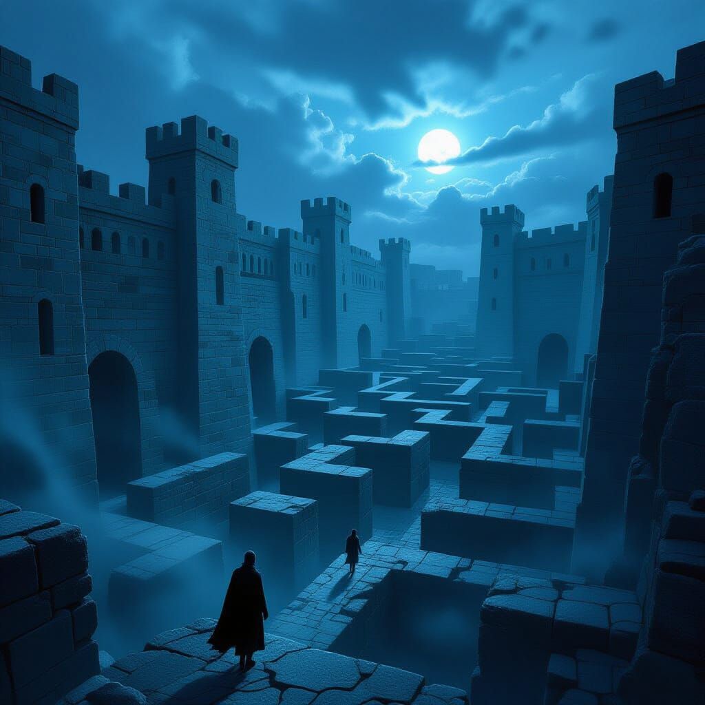 Figure Lost in Ancient Stone Maze Under Twilight Sky