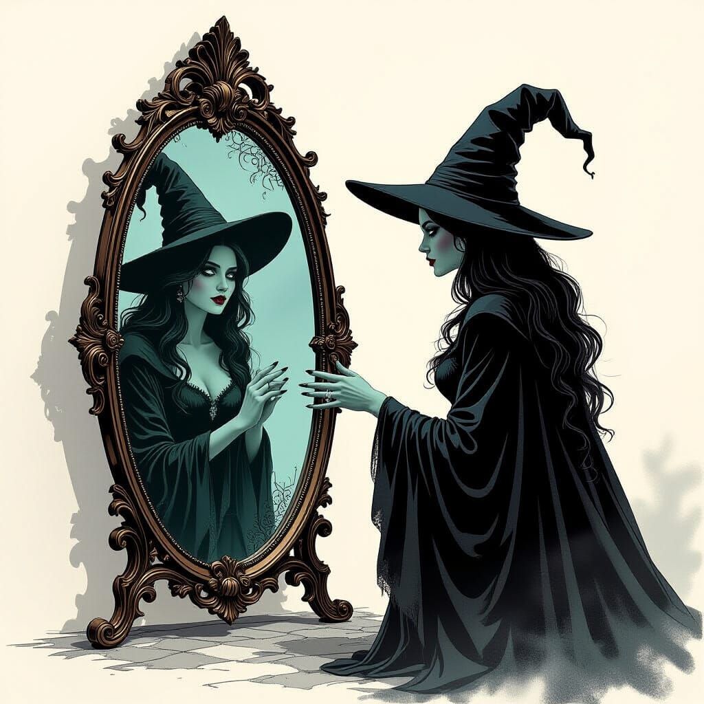 Wicked Witch Sees Youthful Reflection in Gothic Mirror