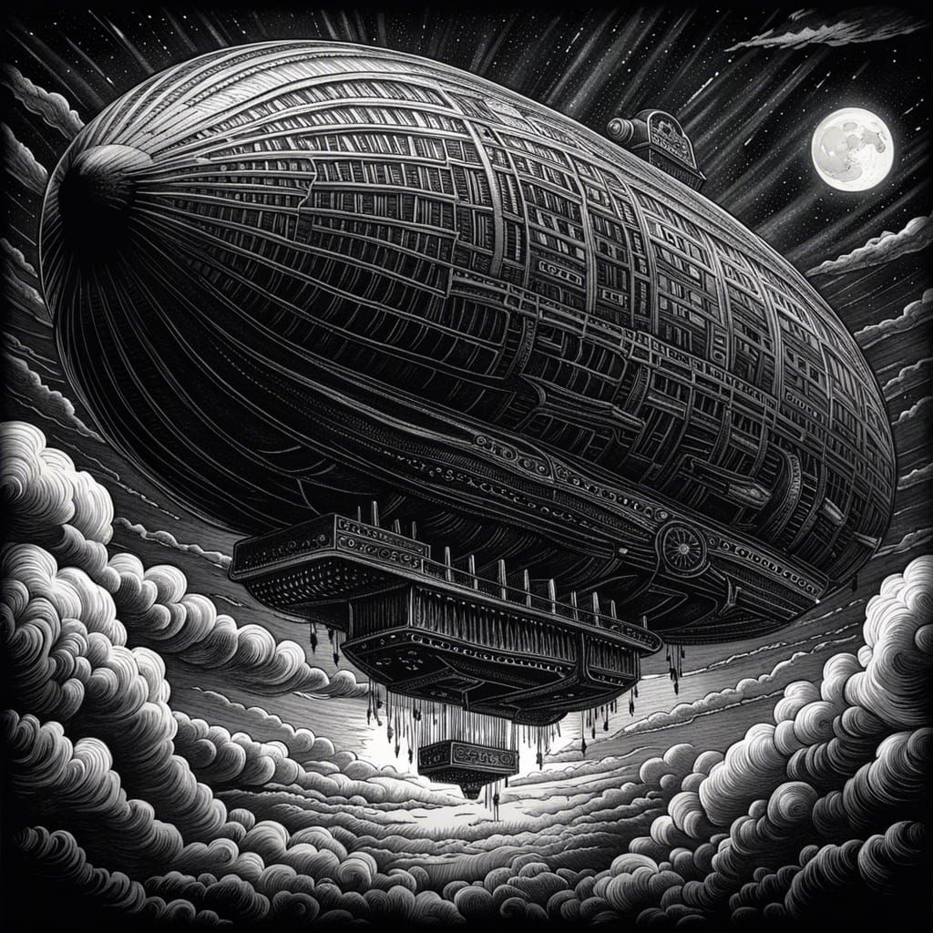 Detailed Ink Drawing of Zeppelin at Night