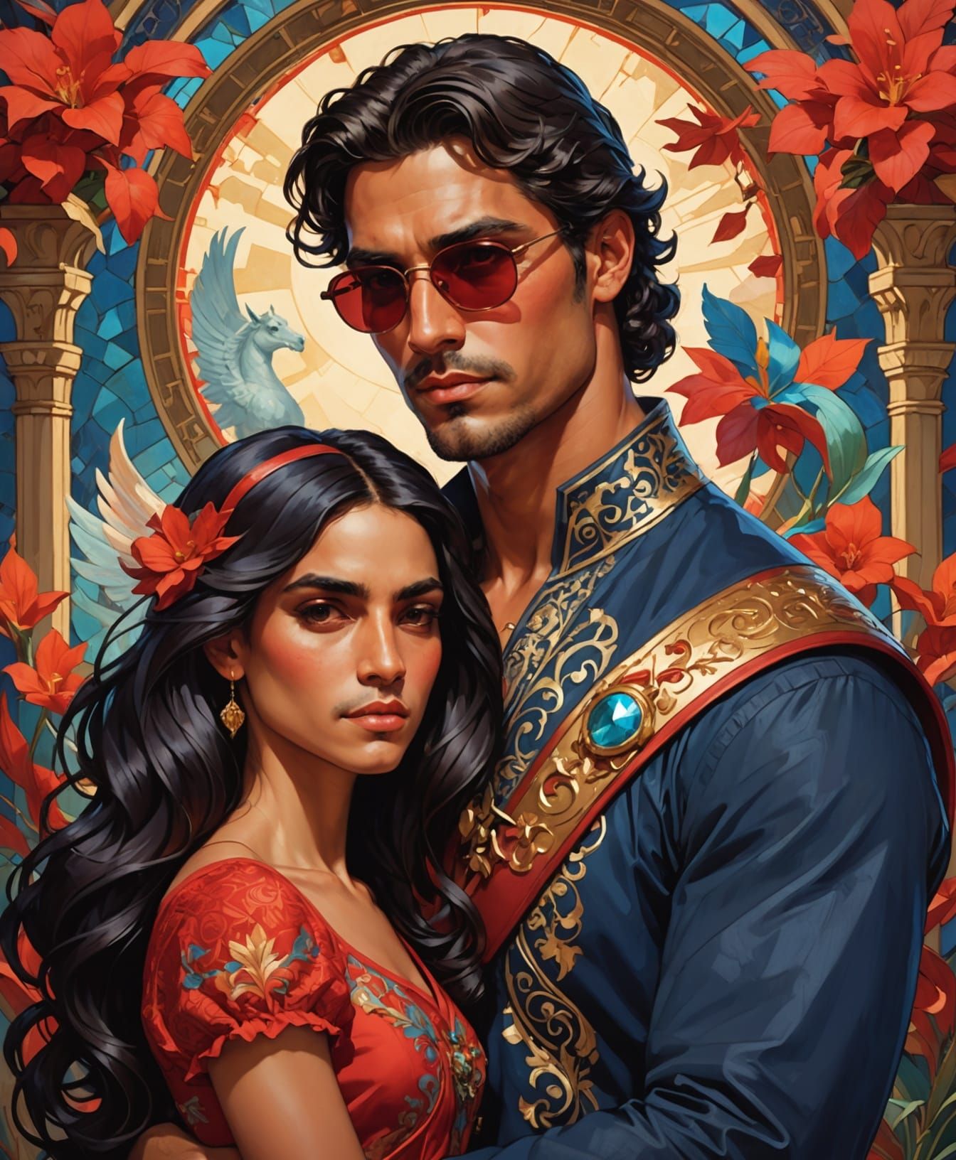 Latino Man and Daughter Portrait in Art Nouveau Style