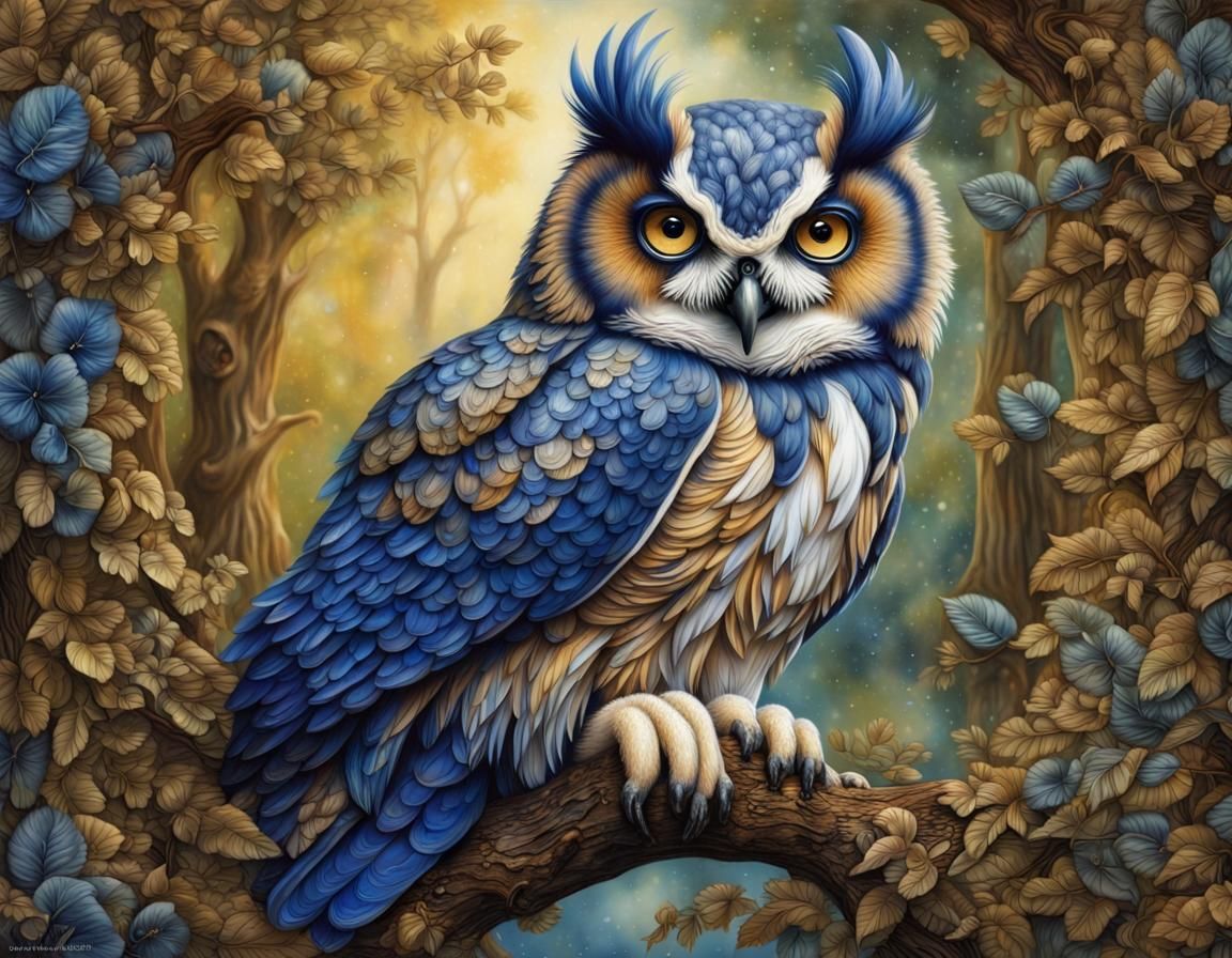 Spectacled Owl Portrait in Decoupage Style