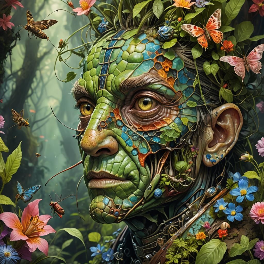 Grasshopper Portrait in Enchanted Forest, Digital Painting