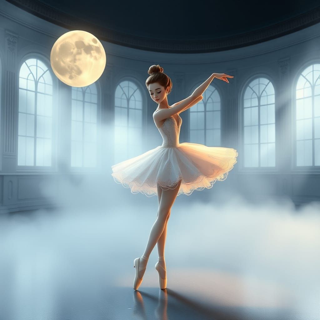 Ethereal Ballerina in Moonlit Studio, Whimsical Style