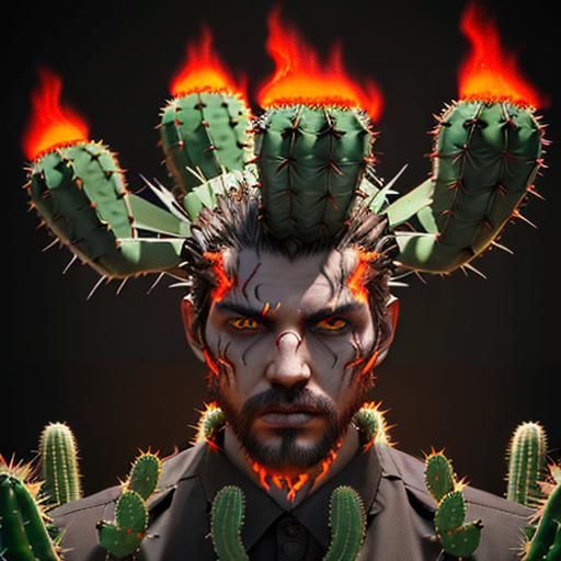Demonic Face with Flaming Cacti, 3D Render