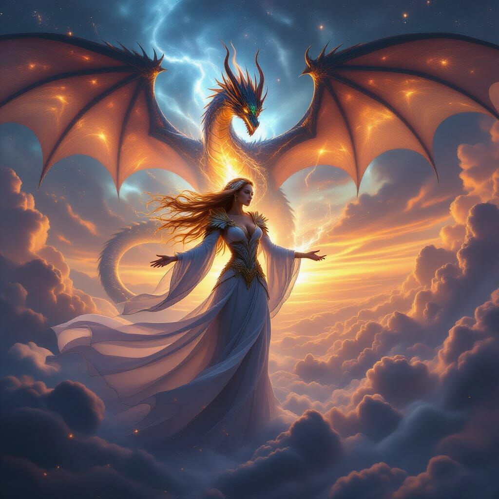 Sorceress Commands Storm Dragon Amidst Cosmic Vortex