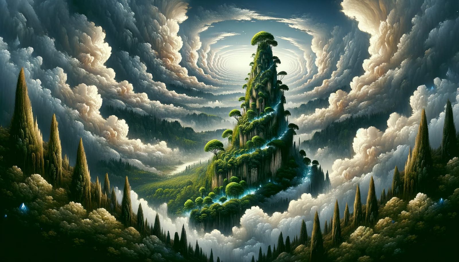 Surreal Mountain Landscape in Whimsical Watercolor Style