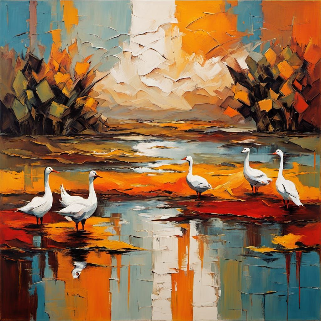 Abstract Geese on a Serene Pond in Earthy and Vibrant Hues